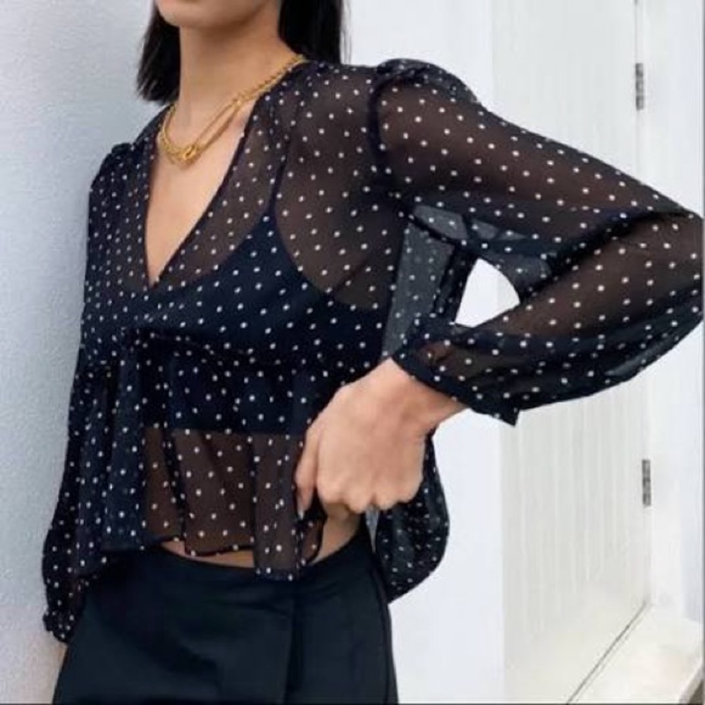 EUC Jinx Sunday Best Black Sheer Polka Dot Blouse